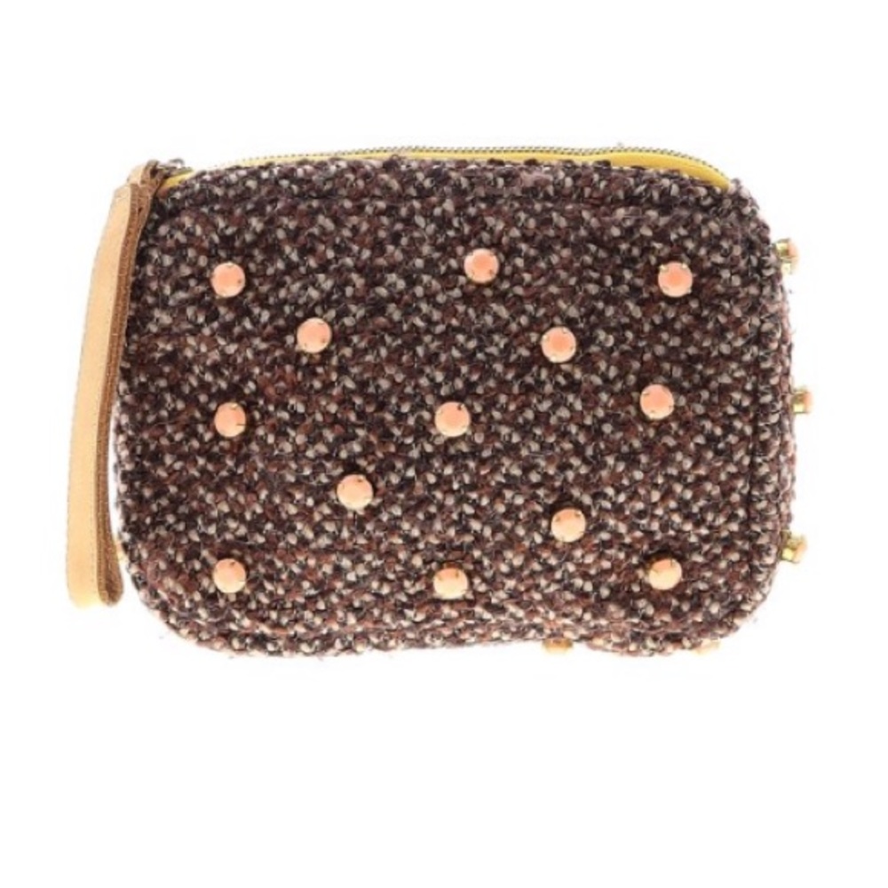 Anthropologie Winter Brown Tweed Albright Rhinestone Jewel Zip Clutch Bag Purse